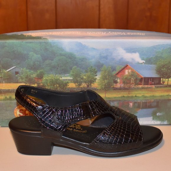 SOLD • SAS Suntimer Black Crocodile Slingback Sandals Embossed Size 6 1/2 W USA - Picture 5 of 11